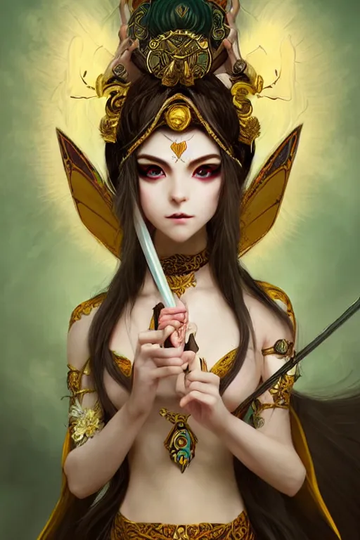 Prompt: beautiful fairy, brown skin, white hair, devil's horn on her head, green eyes and the third eye on her forehead, dressed in dunhuang clothes, with black and gold wings behind her, and a brown scepter in her hand. character design, animation image design, painting by wlop