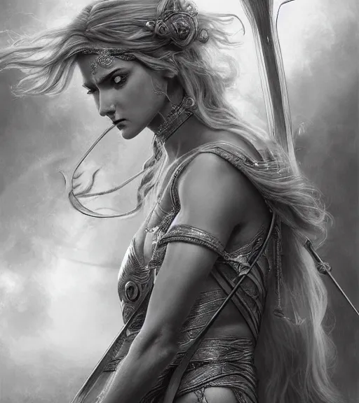 Prompt: medium shot of beautiful aphrodite goddess as an archer warrior, beautiful piercing eyes, flowing blonde hair, realistic face, black and white drawing, in the style of greg rutkowski, fantasy, amazing detail, epic, intricate, elegant, smooth, sharp focus