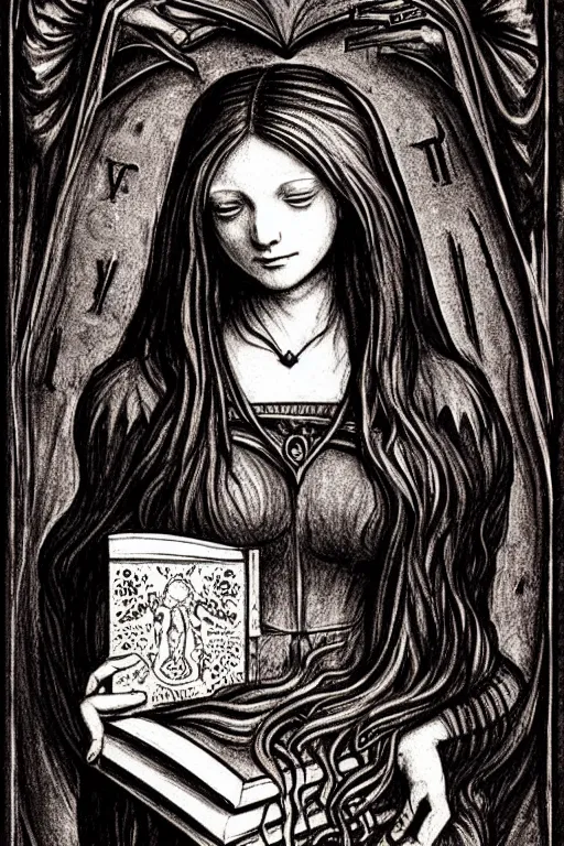 Image similar to da vinci illustration of romantic girl, her cat and her book of necronomicon, symmetrical, cinematic, sharp focus, 4 k, ultra hd, sense of awe, sinister demonic atmosphere, dreadful, forbidden knowledge, old gods, cthulhu, yog - sothoth! yah, yah, yah! cultist journal cover