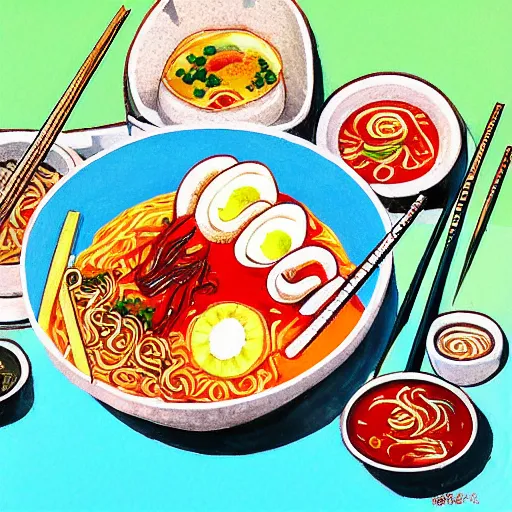 Prompt: a bowl of delicious ramen by namio harukawa