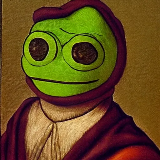 Image similar to oil painting of pepe the frog as aristotle by leonardo da vinci