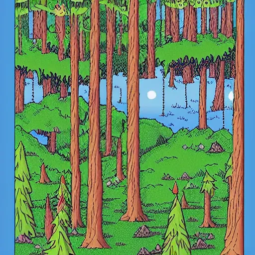 Prompt: pixel art forest in the style of the far side ( print comic )