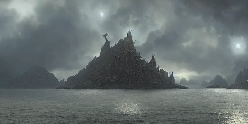 Image similar to screenshot from a movie, epic matte painting of an island, cinematic cinematography masterpiece, greg rutkowski, and ivan aivazovski, roger deakins, giger