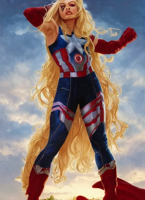 Image similar to toned young april with a mischievous face and extremely long blonde wavy hair dressed as superhero in her early 2 0 s, posing with hands behind back, captain america, tight fit, intricate detailed face, artgerm, greg rutkowski, alphonse mucha