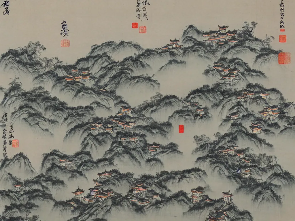 Image similar to traditional chinese painting of a modern megapolis