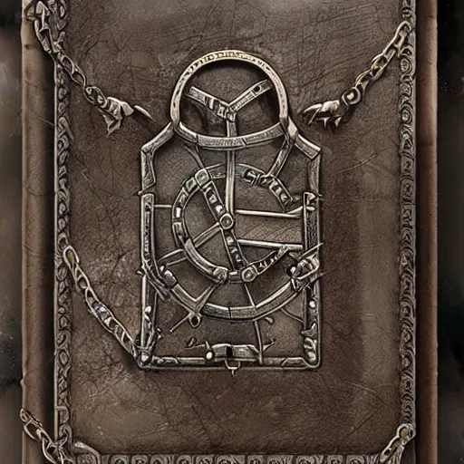 Prompt: an ancient leather-bound spellbook with heavy metal chains and clasps inscribed with runes; detailed video game concept art trending on artstation