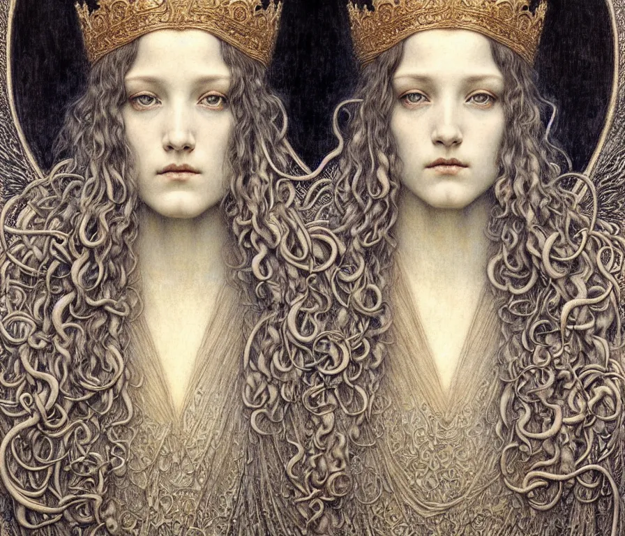 Image similar to detailed realistic beautiful young medieval queen face portrait by jean delville, gustave dore and marco mazzoni, art nouveau, symbolist, visionary, gothic, pre - raphaelite. horizontal symmetry