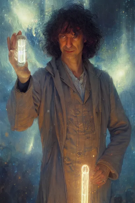 Image similar to neil gaiman as doctor who, radiant light, caustics, heroic, bright iridescent light, by gaston bussiere, bayard wu, greg rutkowski, maxim verehin bloom dramatic lighting