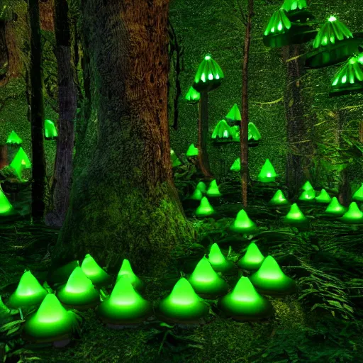 Image similar to glowing green jello mushrooms in a mystical forest, firefly trails, unreal engine