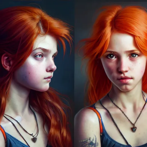 Prompt: portrait painting of a cute teenage girl with wild orange hair swept back wearing punk clothes, ultra realistic, concept art, intricate details, eerie, highly detailed, photorealistic, octane render, 8 k, unreal engine. art by artgerm and greg rutkowski and charlie bowater and magali villeneuve and alphonse mucha