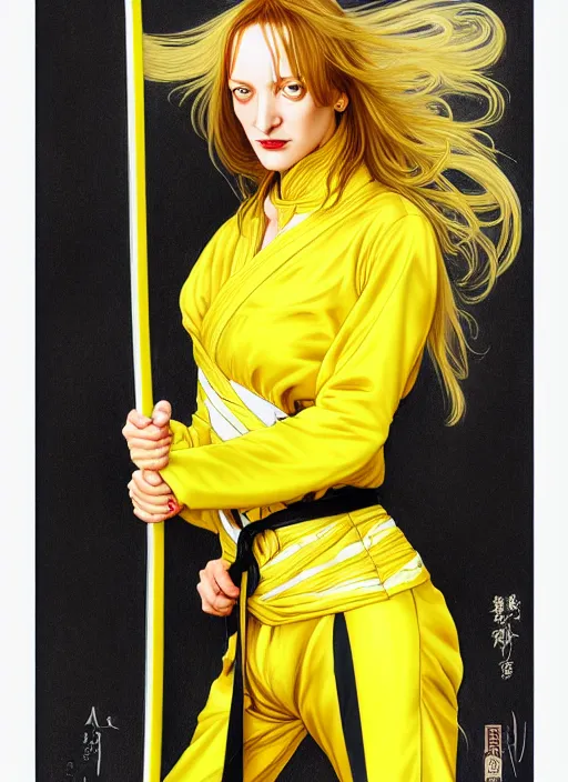 Image similar to uma thurman in kill bill, rococo and art nouveau fusion, reflective katana, yellow jumpsuit with black stripe, highly detailed, deep focus, elegant, digital painting, smooth, sharp focus, illustration, ultra realistic, japanese art by artgerm and alphonse mucha