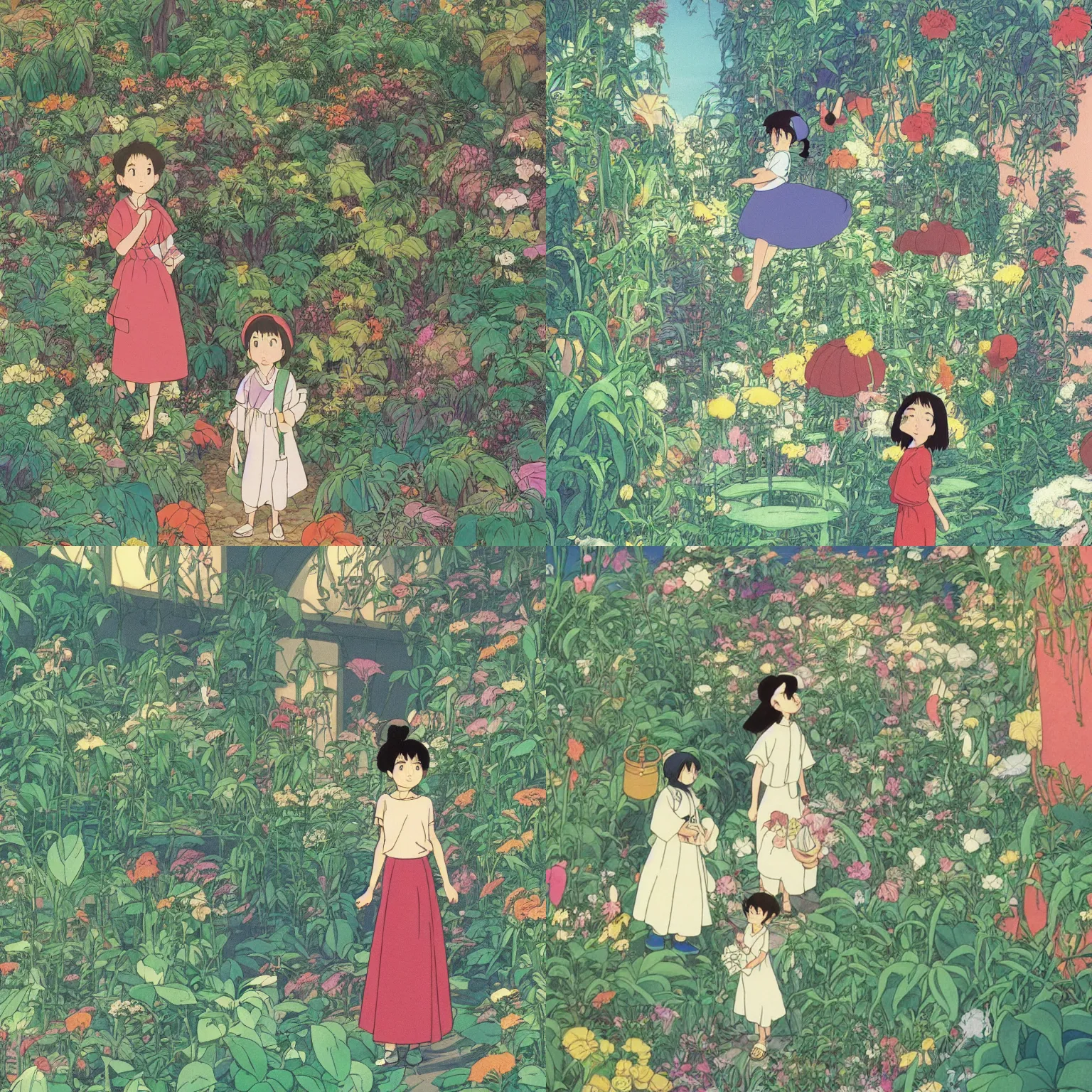 Prompt: key art for a Disney animated film from 1990 from Hayao Miyazaki\'s Spirited Away of a girl standing in a room full of plants and little objects. Studio ghibli