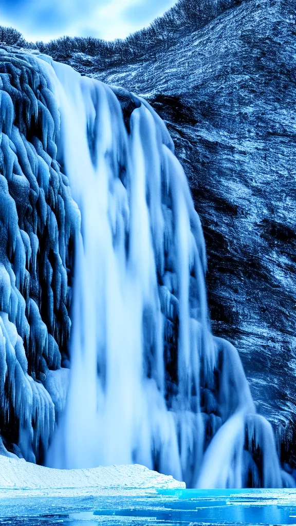 Prompt: highly detailed hd photo art of waterfall from ice mountains in the style of Greg Rutswoski, wide angle shot, concept art, 8K detail post-processing