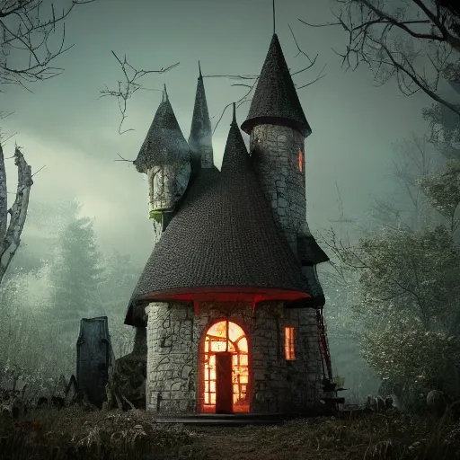 Image similar to a witches house, epic scene, redshift render, cgi, hyper - detailed, photo - bash, 8 k post - production, masterpiece