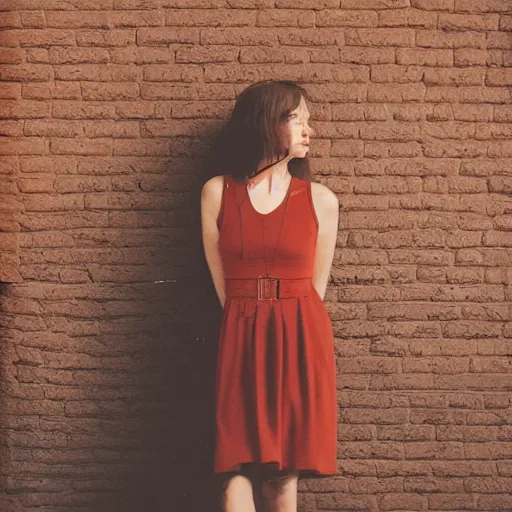 Prompt: a photo of a beautiful brown hair woman in a sun dress in a studio, an industrial studio with large windows and red brick walls, medium shot, 85mm lens, Kodak Portra 400 film, trending on Instagram