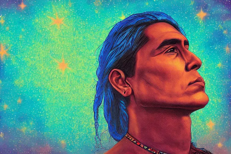 Image similar to digital art of a spiritual native american man looking up at the stars, acrylic art, universe, painting, pastel colors, synthwave, retro, cyberpunk,