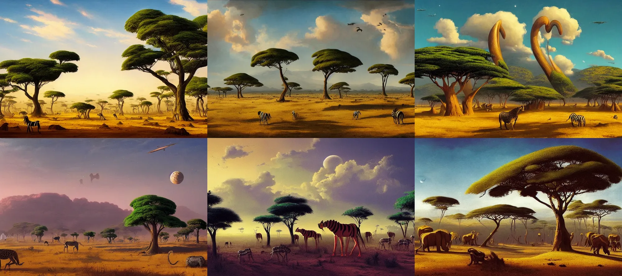 Prompt: African Savanna in the style of Dr. Seuss, starships, painting by Raphael Lacoste