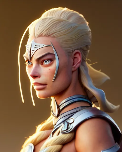 Image similar to azctec warrior, margot robbie, detailed perfect face, exquisite details, fire magic, mid view, design on a white background, by studio muti, greg rutkowski makoto shinkai takashi takeuchi studio ghibli