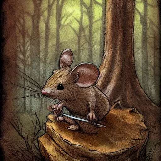 Prompt: Mouse Guard sits on a stump holding a sword, in deep forest, by rivuletpaper, rivuletpaper art, Mouse Guard by David Petersen, mouse photo, small details, realistic illustration,