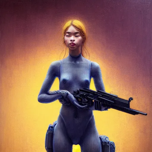 Image similar to a ultradetailed beautiful painting of a girl holding a gun on rio de janeiro by cheng hsiao - ron, ngai victo, jean delville by wlop and dougherty patrick, trending on artstation, sci fi, futurism, post capitalism, octane rendering, sharp focus