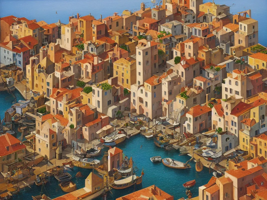 Image similar to A detailed oil painting of a beautiful Mediterranean village by Michiel Schrijver, M.C. Escher, isometric, pastel colors