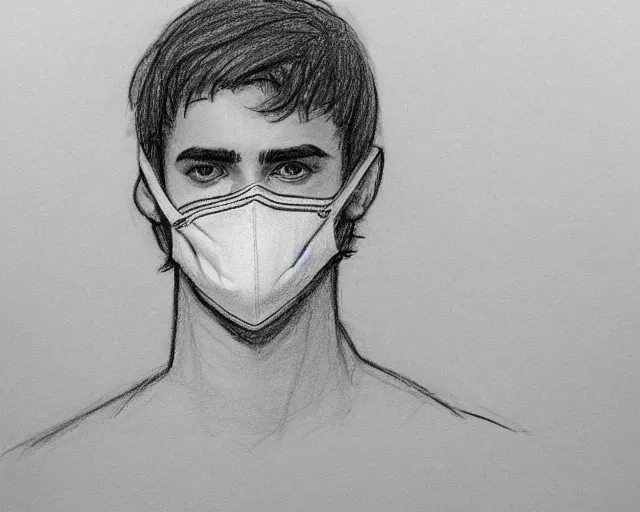 Image similar to draft drawing of a european young man covering face with fabric mask, draft sketch, trending on artstation, context art, pencil sketch, high detail