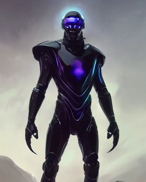 Prompt: character art of iridescent sinewy smooth muscular male sleek glossy indigo black pearlescent scifi armor with smooth black featureless helmet, by greg rutkowski, mark brookes, jim burns, tom bagshaw, magali villeneuve, trending on artstation