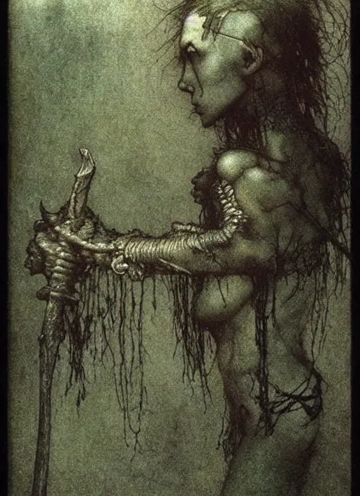 Image similar to short haired barbarian girl by Beksinski and Arthur Rackham