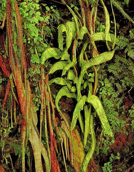 Image similar to vintage color photo of a 1 1 0 million years old abstract liquid gold sculpture covered by the jungle vines