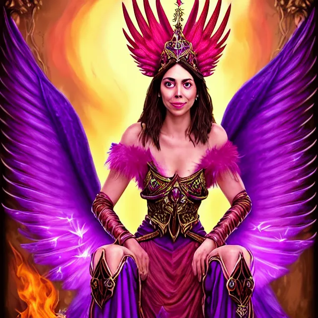 Image similar to Princess sorceress with red flaming bird wings on her back and sitting on an ornate throne dressed in a fancy purple dress, beautiful realistic face similar to aubrey plaza, Fantasy, Full Portrait, High detail, realistic, planeswalker