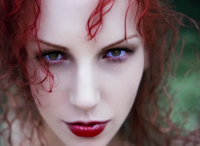 Prompt: award winning 5 5 mm close up face portrait photo of an anesthetic gorgeous redhead woman with small nose, blood - red wavy hair and intricate eyes, in a park by luis royo