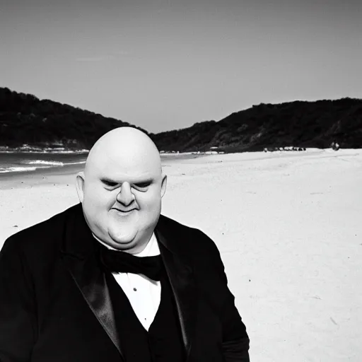 Prompt: b & w photo of fester addams at the beach