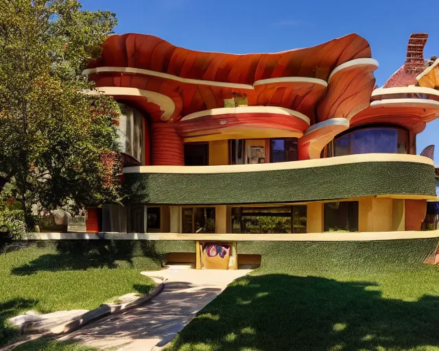 Prompt: the exterior of a house designed by lisa frank and frank lloyd wright
