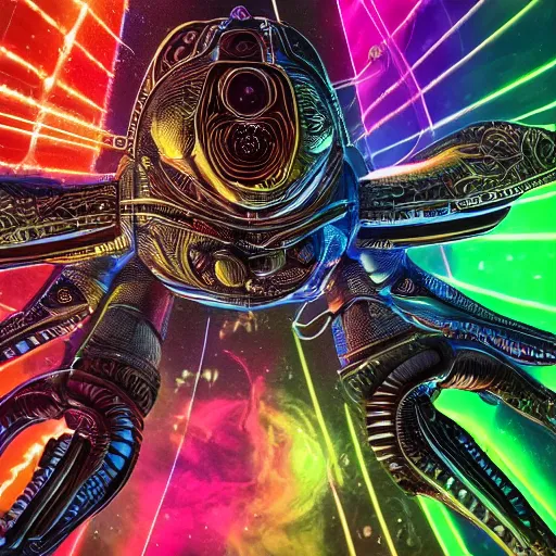 Image similar to an alien battle in space, epic, intricate, ultra detailed, intricate, 8 k, neon colors, in the style of mark cooper