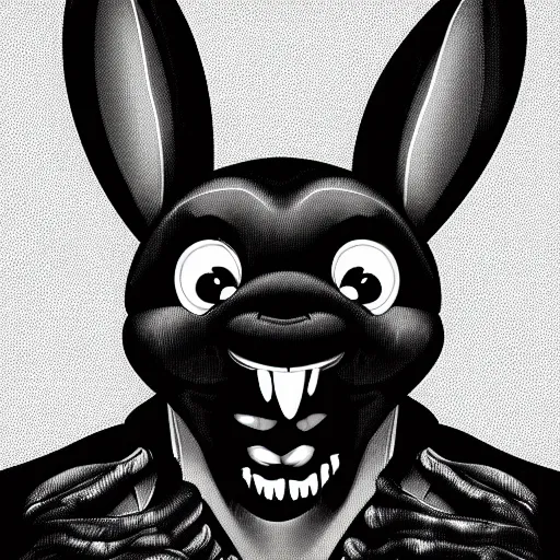 Image similar to A extremely highly detailed majestic hi-res beautiful, highly detailed head and shoulders portrait of a scary terrifying, horrifying, creepy black cartoon rabbit with scary big eyes, earing a shirt laughing, hey buddy, let's be friends, in the retro art style of Walt Disney