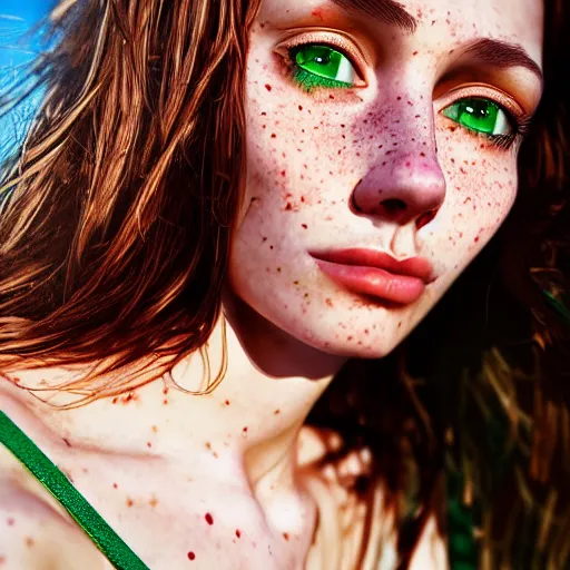 Image similar to portrait of a cute thin young woman, bronze brown hair, eye color is emerald green, red blush, cute freckles, smug smile, modern clothes, relaxing on the beach, golden hour, close up shot, 8 k, art by irakli nadar, hyperrealism, hyperdetailed, ultra realistic