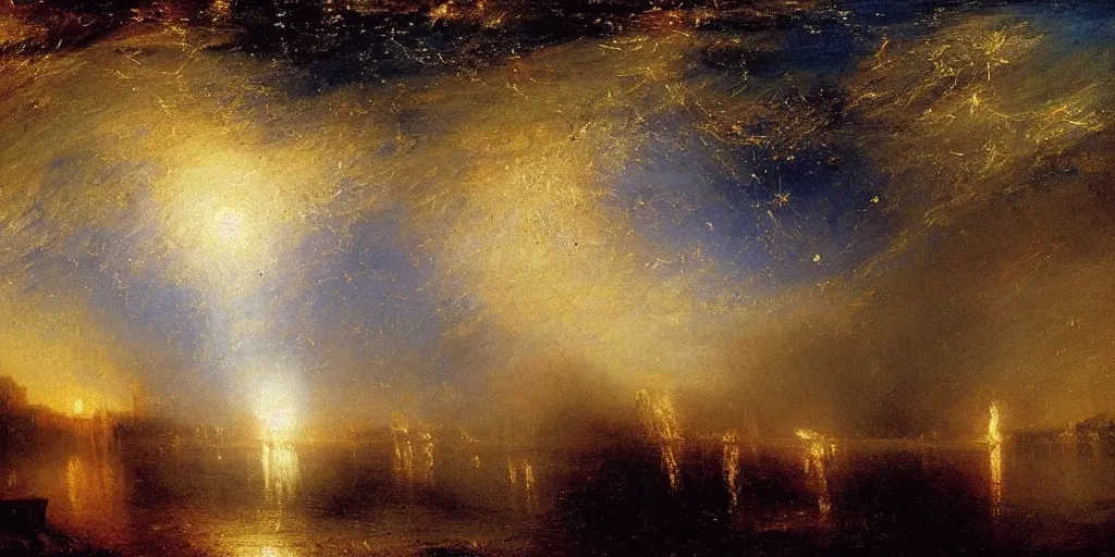 Prompt: stunning river landscape with sky full of falling stars by j. m. w turner