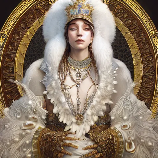 Prompt: a realistic king with decorated clothes made of white pearls and white plumes of swan, highly detailed, digital painting, Trending on artstation , HD quality, by artgerm and greg rutkowski and alphonse mucha, dramatic light, octane