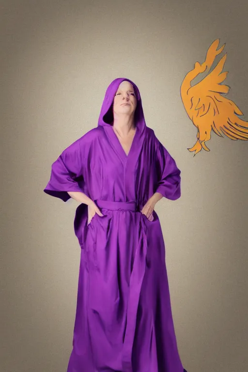 Image similar to woman in purple robes with a phoenix on her shoulder, full body shot