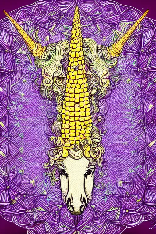 Prompt: unicorn made of corn, symmetrical, highly detailed, digital art, sharp focus, trending on art station