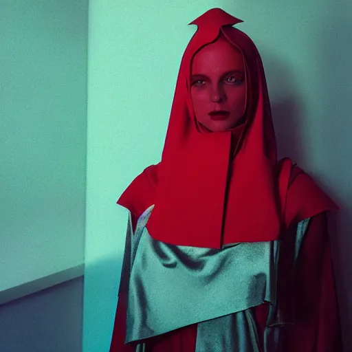 Image similar to Fashion photography of a woman wearing a futuristic outfit inspired by The Handmaid’s Tale (2017), intricate, artistic photography, cinematic lighting, insanely detailed, cinestill 800t, Vogue magazine