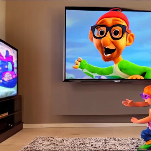 Image similar to baby looking at a tv. blippi is on the tv screen, award winning, cinematic, photorealistic, 8 k