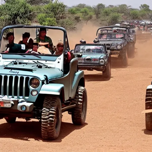 Prompt: a jeep racing aginst stampede in africa