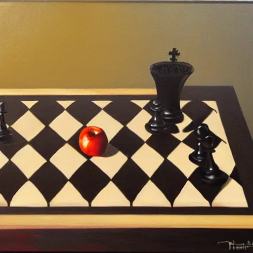 Image similar to an apple playing chess, realistic oil paint