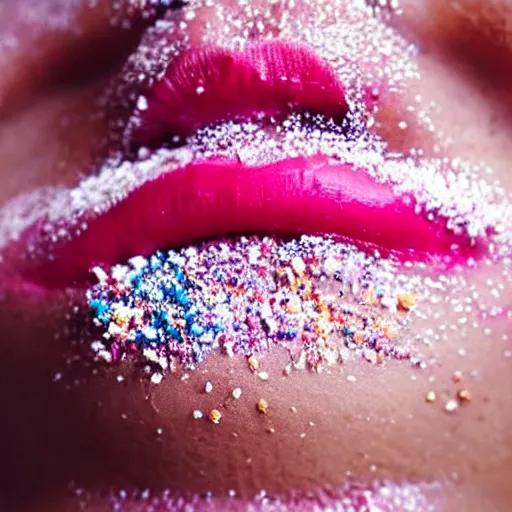 Image similar to a women with cake sprinkles on her lips, trending on Instagram, extreme closeup