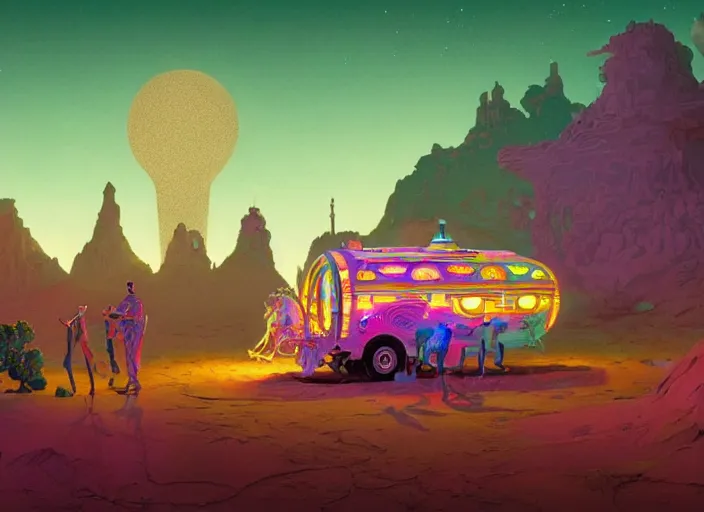 Image similar to a luminescent gypsy caravan by paolo eleuteri serpieri and tomer hanuka and chesley bonestell and daniel merriam and tomokazu matsuyama, unreal engine, high resolution render, featured on artstation, octane, 8 k, highly intricate details, vivid colors, vector illustration