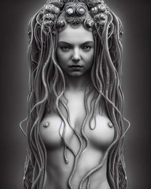 Image similar to mythical dreamy underwater artistic black and white 3 d render of a translucent beautiful young female angelic - medusa - vegetal - doll, highly detailed, intricate crystal ivy jelly ornate, poetic, translucent algae ornate, digital art, octane render, 8 k artistic photography, photo - realistic, hg giger flora borsi