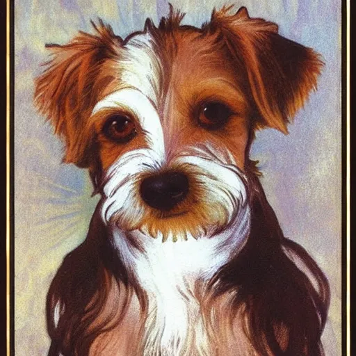 Image similar to a high quality painting of a very cute scruffy wire haired jack russell terrier puppy, white with chocolate brown spots, brown patches over both eyes. friendly, curious expression. painting by alphonse mucha