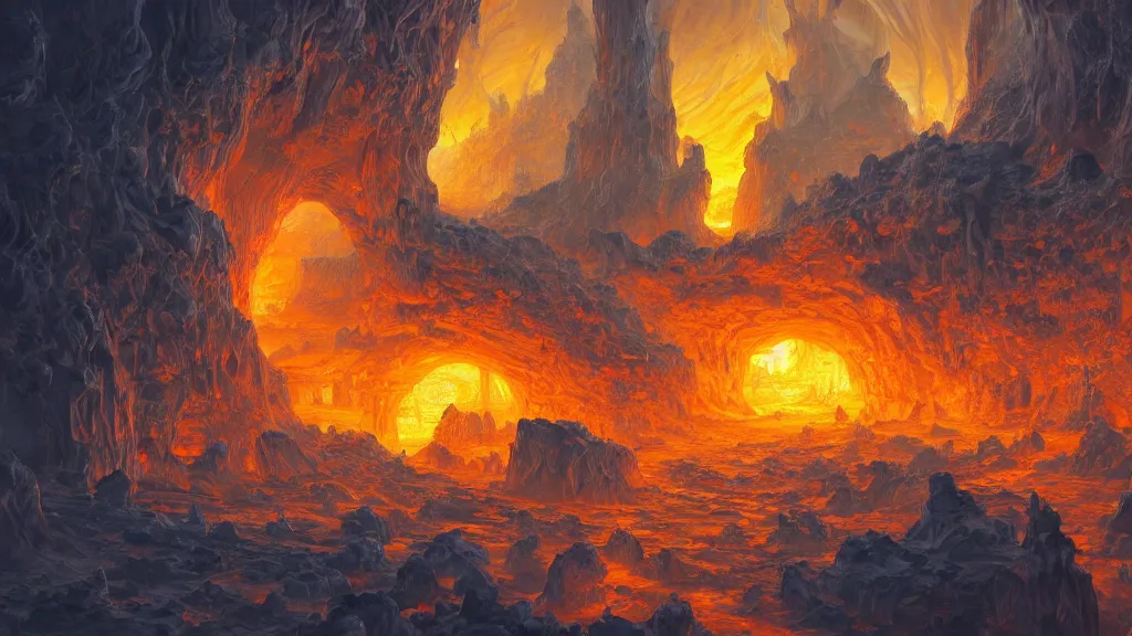 Prompt: a hidden city in a cave lit up by glowing orange crystals in the cracks of the cave walls, highly detailed oil painting, epic fantasy art, abstraction, masterpeice, 8k