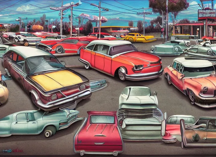 Image similar to car lot, lowbrow, matte painting, 3 - d highly detailed, in the style of mark ryden,